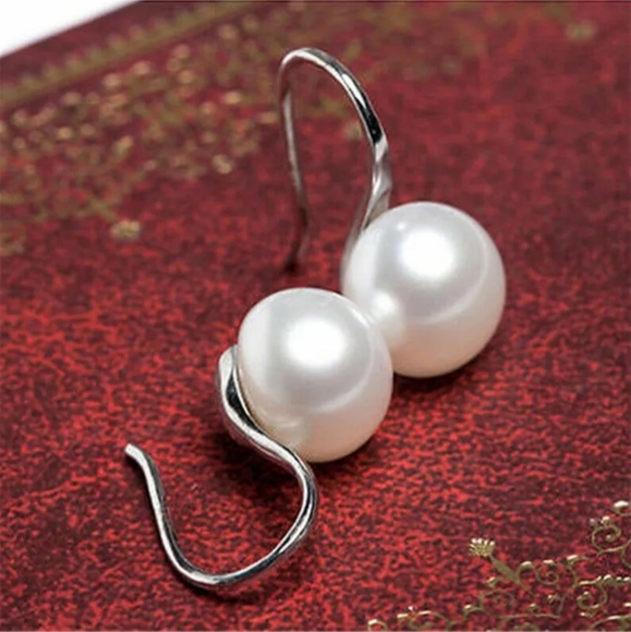 White Pearl Silver or Gold Elegant Luxury Sophisticated Dangly Hook Earrings - Picture 10 of 16